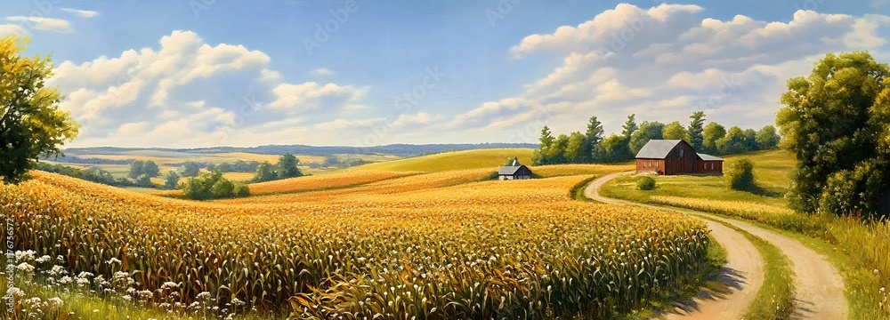 Wall mural A rural landscape with a cornfield in full bloom, a barn in the background, and a clear sky overhead