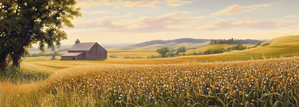 A rural landscape with a cornfield in full bloom, a barn in the background, and a clear sky overhead
