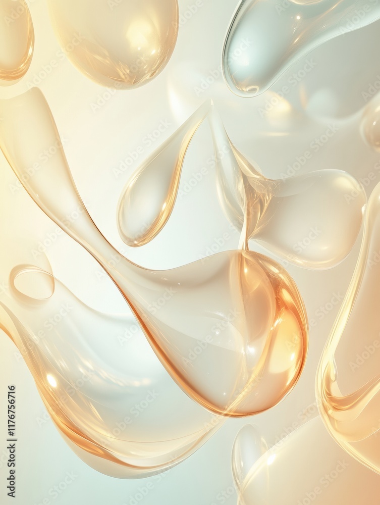 Poster Organic shapes create a mesmerizing display of glowing water droplets in a soft pastel environment. Generative AI