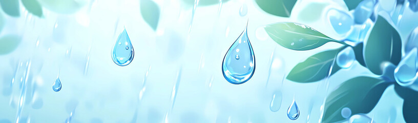 A blue sky with raindrops falling on leaves