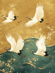 Hand -painted red -crowned crane art, acrylic oil paintings, Japanese style carefully painted flying cranes, golden backgrounds, waves and sky, abstract colorful gongbi painting,正月,新年,年賀状,鹤