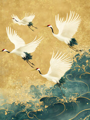 Hand -painted red -crowned crane art, acrylic oil paintings, Japanese style carefully painted flying cranes, golden backgrounds, waves and sky, abstract colorful gongbi painting,正月,新年,年賀状,鹤