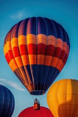 Obraz premium Vibrant hot air balloon soaring against a clear sky, showcasing rich colors and unique patterns.