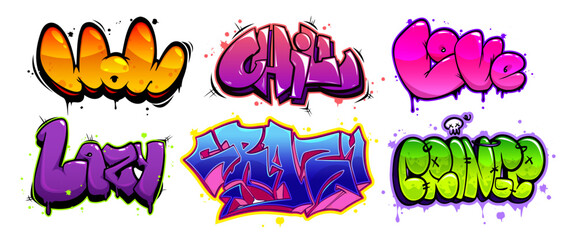 Graffiti cartoon text designs with gradient color schemes. Modern street art words decorated with drips, splatters, outlines, skull elements and bubble style letters. Urban wall art typography. © klyaksun