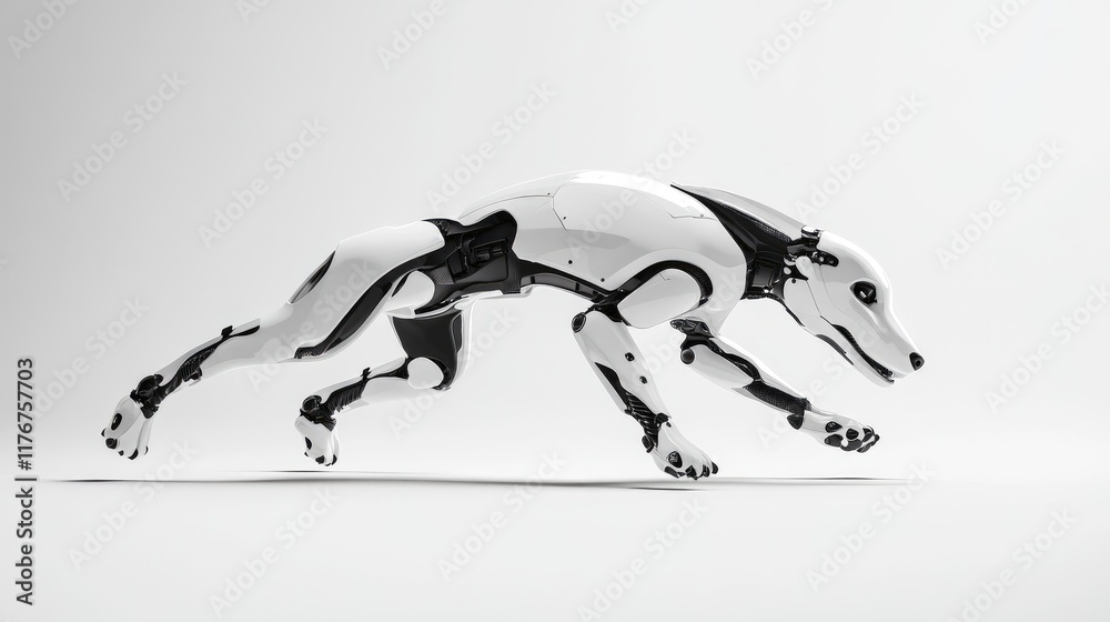 Fototapete robot dog in a dynamic running pose, captured mid-motion on a clean white surface with subtle shadow