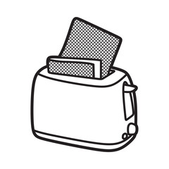 black and white line art of kitchen utensils, toaster, loaf of bread raised one