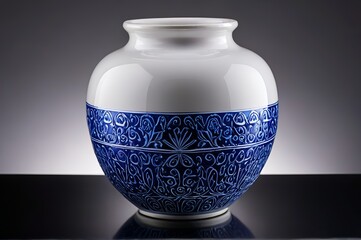 there is a blue and white vase sitting on a table