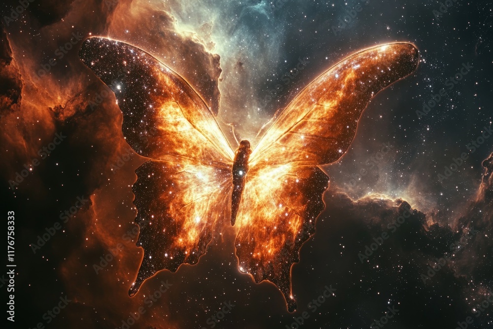Poster This mesmerizing image features an ethereal butterfly made of stars, floating gracefully in a vibrant cosmic space filled with colorful nebulas and galaxies.