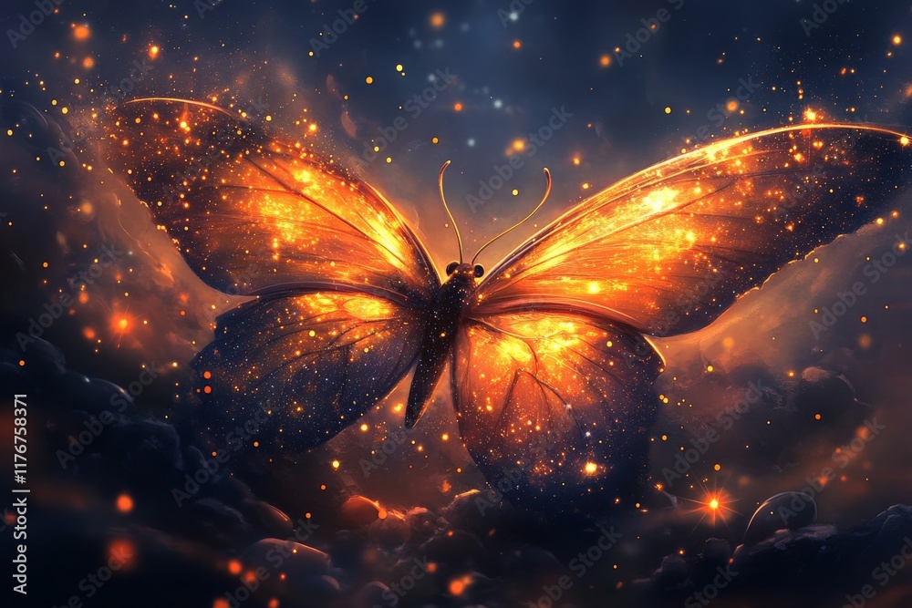 Aufkleber An enchanting butterfly illuminated by starlight, hovering against a backdrop of a mystical cosmic environment filled with shimmering particles and deep colors.
