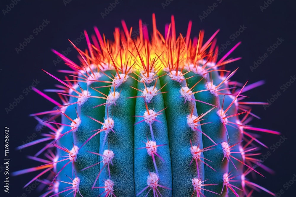 Poster An intricate close-up view of a vibrant cactus with glowing neon spikes radiating in various colors, highlighting its unique texture and artistic design.