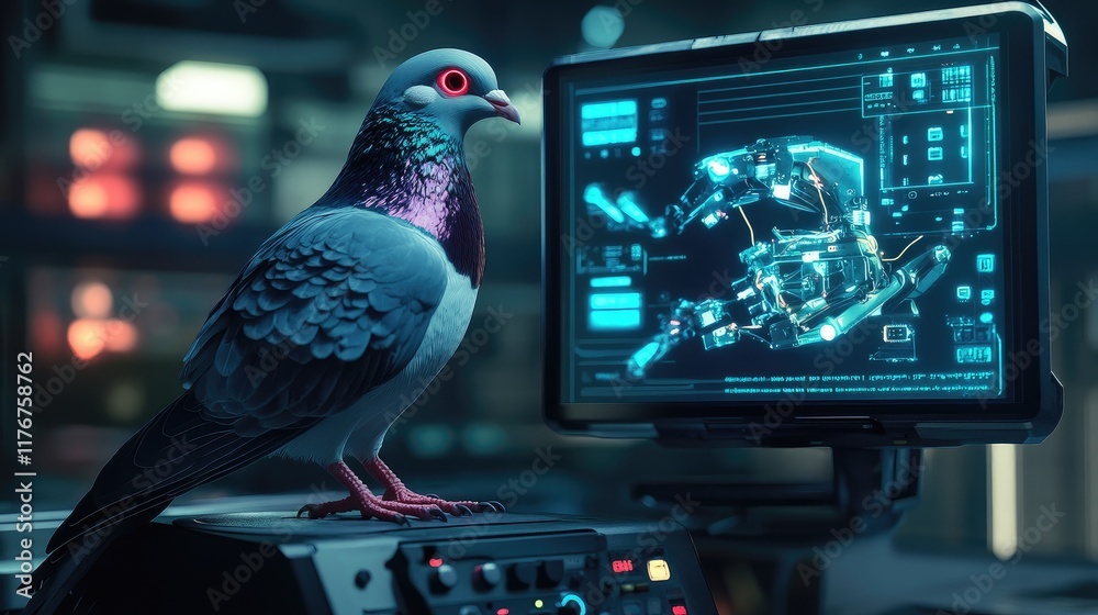 Poster robotic pigeon interacting with a high-tech device, showing its advanced sensors and robotic feature