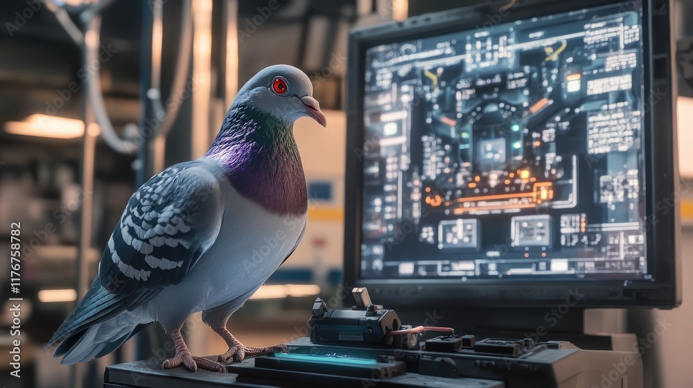 Poster robotic pigeon interacting with a high-tech device, showing its advanced sensors and robotic feature