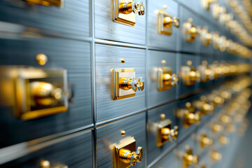 Rows of secure safe deposit boxes in a bank vault, ensuring confidentiality and asset protection.