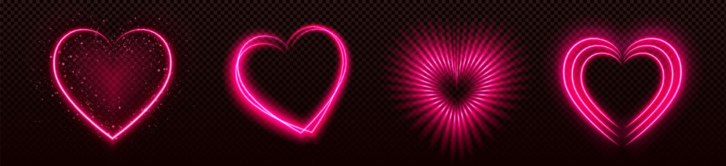 Neon pink heart shapes collection with various glowing effects - sparkling star dust, luminous outline, radiant burst and gleaming lines on transparent background. Romantic Valentine day decorations.