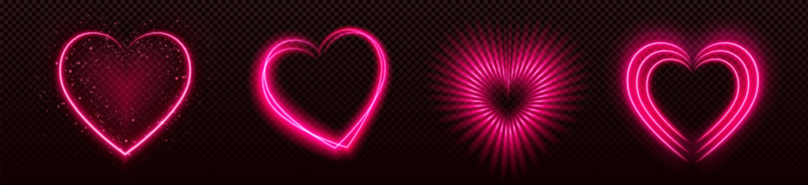 Neon pink heart shapes collection with various glowing effects - sparkling star dust, luminous outline, radiant burst and gleaming lines on transparent background. Romantic Valentine day decorations.