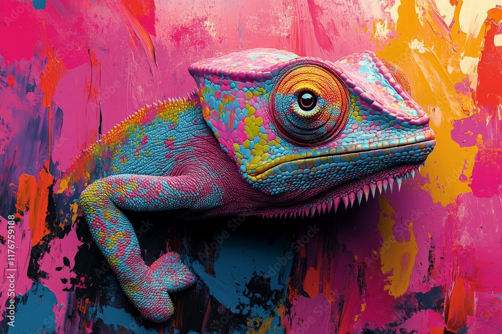 Poster A striking close-up of a colorful chameleon against a bright, abstract canvas, representing the fusion of nature and artistic expression in a bold and beautiful way.
