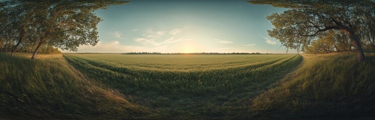 Panoramic sunset view over a vast green field, framed by trees.