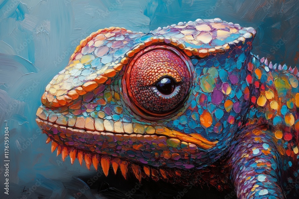 Poster an intricate close-up of a chameleon's textured skin, showcasing vibrant colors and patterns, highli