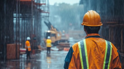 Construction worker, rain, site, wet gear, blurry background.