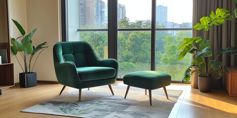 Cozy green armchair and ottoman in modern living room urban apartment interior design bright daylight inviting atmosphere for relaxation