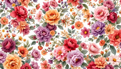 Vibrant Floral Pattern with Rich Colors and Diverse Flowers