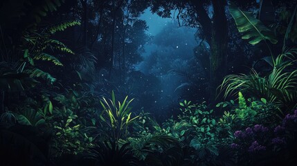 Lush Tropical Rainforest Night Scene Illuminated By Moonlight