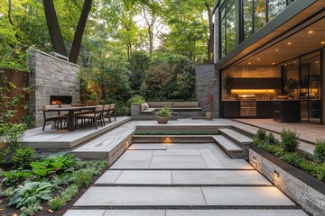 Obraz premium Outdoor dining area with grill, seating, and garden beds in New York City terrace, featuring gray stone wall and paver flooring.