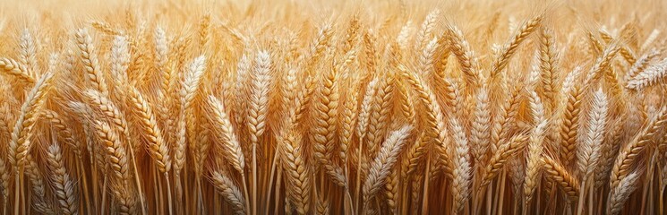 Golden wheat field, ripe ears of grain, close-up view.