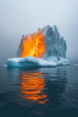Iceberg glows orange, reflecting fiery water.