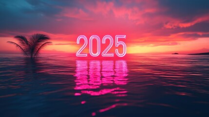 2025 Neon Sunset Tropical Ocean New Year Wallpaper