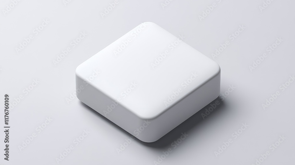 Poster simple cube-shaped platform in matte white, centered on a seamless light gray background with a soft