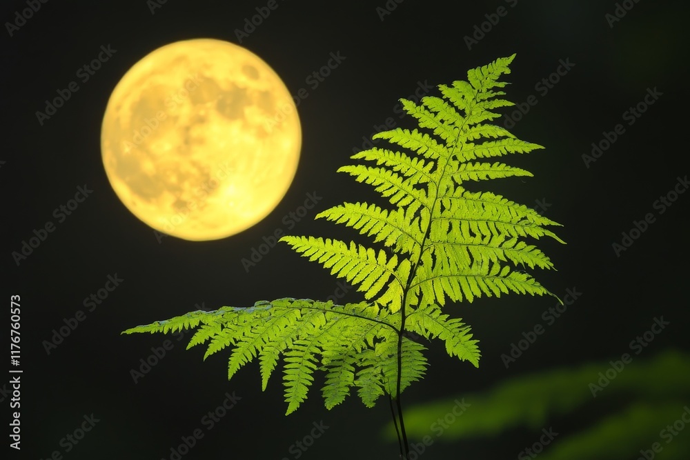 Poster this captivating image features a vibrant fern leaf silhouetted against a luminous full moon, creati