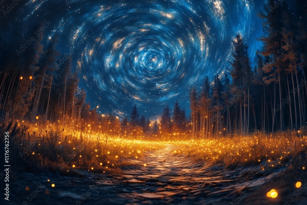 Poster A captivating trail illuminated by glowing fireflies merges with the beauty of trees, all under a backdrop of a mesmerizing starry sky that inspires curiosity and reflection.