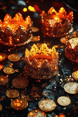 Glittering golden crowns set against a dark, moody backdrop, surrounded by bright coins and shimmering lights.