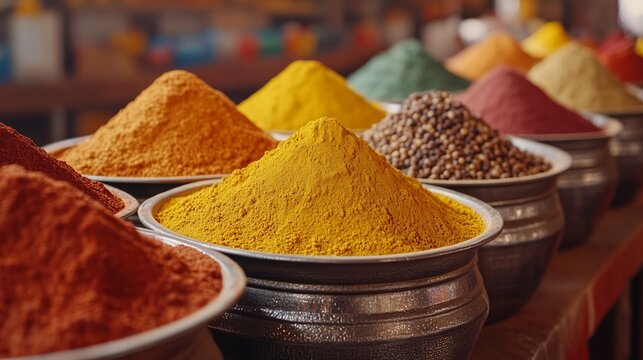 Colorful spices and herbs in metal bowls on a market stall in India