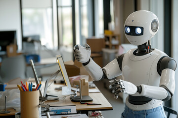 A friendly humanoid robot assisting a worker in a creative studio. The robot hands over tools or helps with tasks like 3D modeling. The setting is a mix of high-tech equipment and