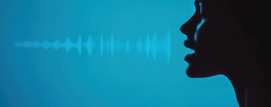 A silhouette of a person speaking against a vibrant blue backdrop with sound waves, depicting communication and expression.