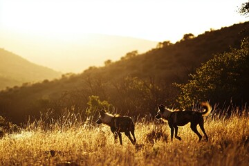 Fototapeta premium A pair of African wild dogs hunting in the early morning light. 