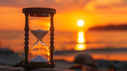 Concept of an hourglass against an orange sunset backdrop