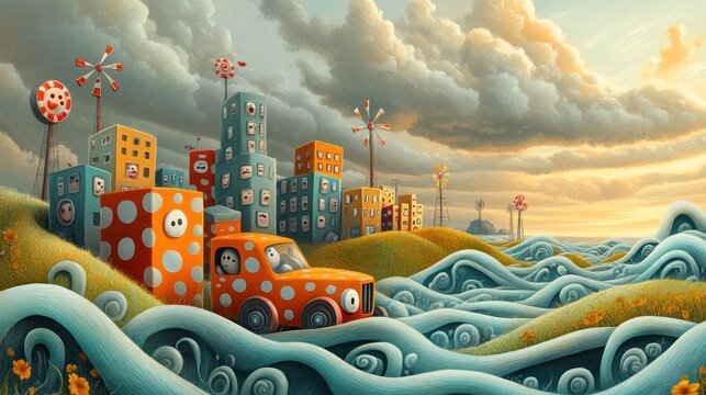 Whimsical town, polka-dot car, rolling waves.