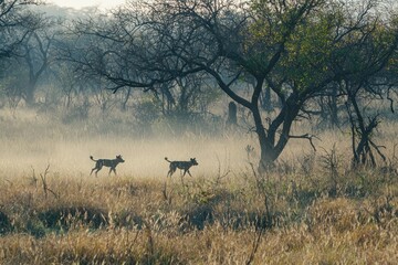 Naklejka premium A pair of African wild dogs hunting in the early morning light. 