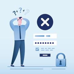 New account registration landing page template. Businessman or user hold big pencil. Closed door with account information and password.