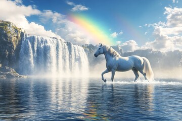 Obraz premium A captivating white horse stands in serene waters near a majestic waterfall and rainbow, creating a magical and breathtaking scene that embodies beauty and natural charm.