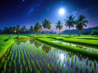 Obraz premium Tenkasi's paddy fields glow under a starlit Tamil Nadu night.