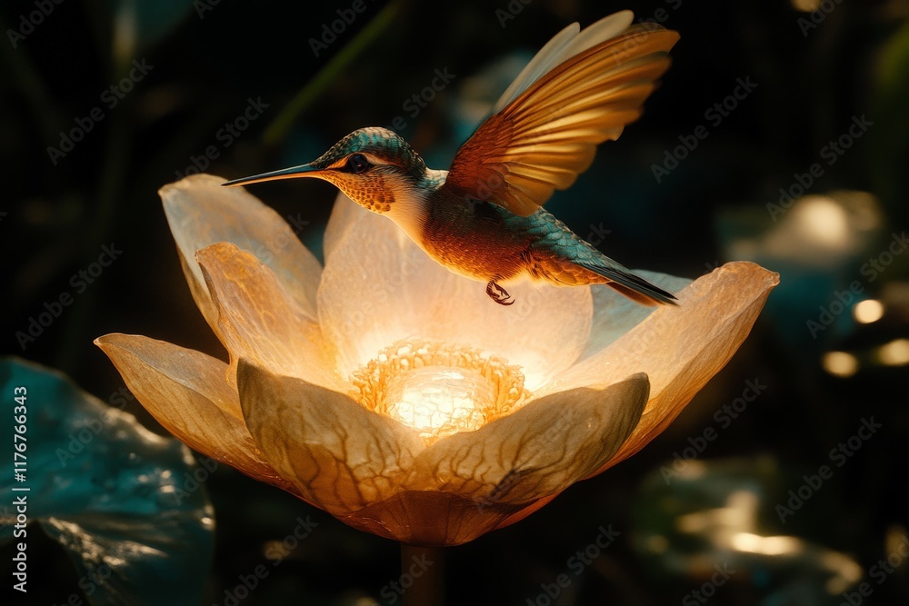 Poster a captivating hummingbird hovers above a luminous flower, creating an enchanting scene that harmoniz