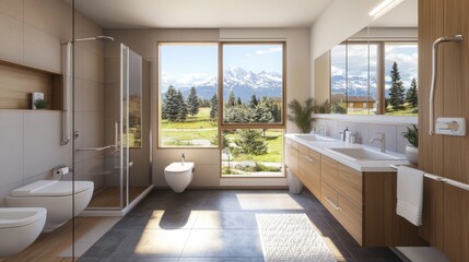 Fototapeta premium Modern bathroom design mountain view interior photography bright environment relaxing concept for healthy aging with safety features