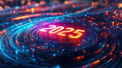 Fototapeta premium 2025 New Year Digital Abstract Background Glowing Light Trails Future Technology