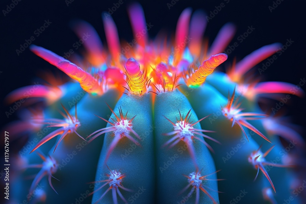 Poster This captivating close-up features a vibrant cactus showcasing an array of colorful spikes, creating a striking contrast against a dark background. It's a true visual delight.