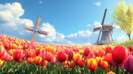 Vibrant tulips blooming in a field with two windmills under a sunny sky.