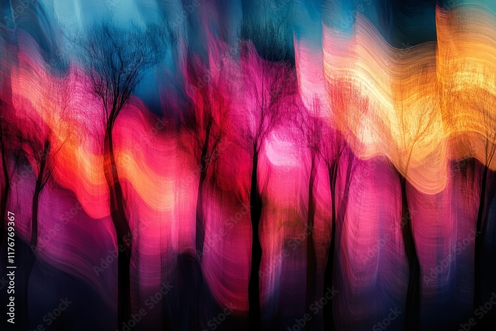 Poster this artwork features abstract trees silhouetted against a vivid, colorful backdrop, creating an emo